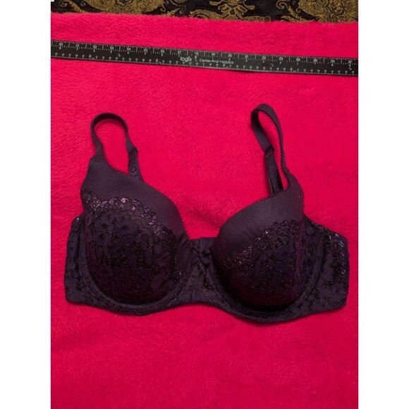 Victoria’s Secret 38D Lined Demi Bra Black Purple Lace Underwire Floral Style - Picture 1 of 8